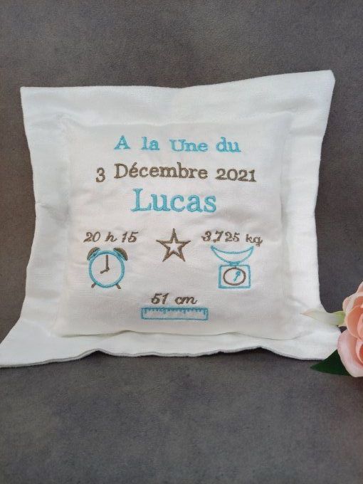 coussin de naissance turquoise marron